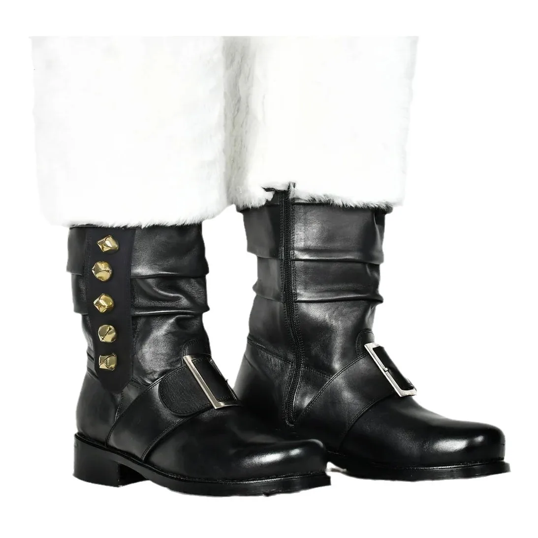 Botas medievales Vintage de Papá Noel, botas de combate para hombre con puños de felpa blancos, hebilla de campana para el pie, botas de Cosplay para fiesta de Navidad