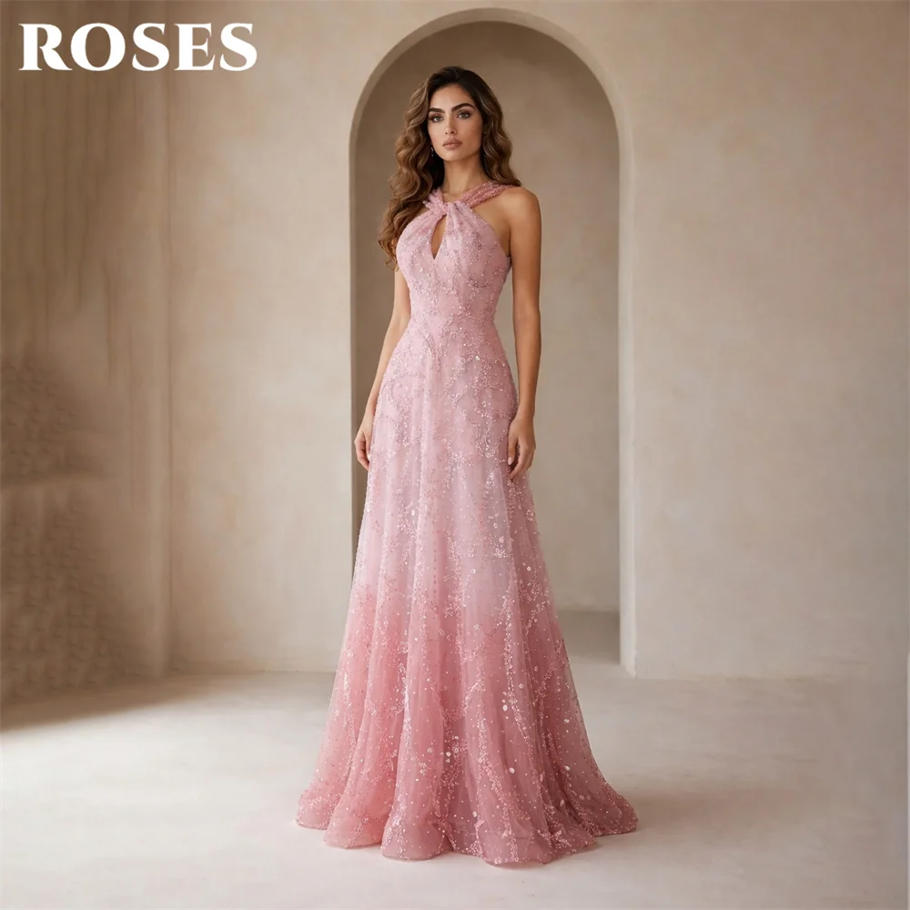ROSES Pink Evening Gown Halter Neck Sleeveless Prom Dress Glitter Sequin Wedding Evening Dress A Line robes de soirée Customized