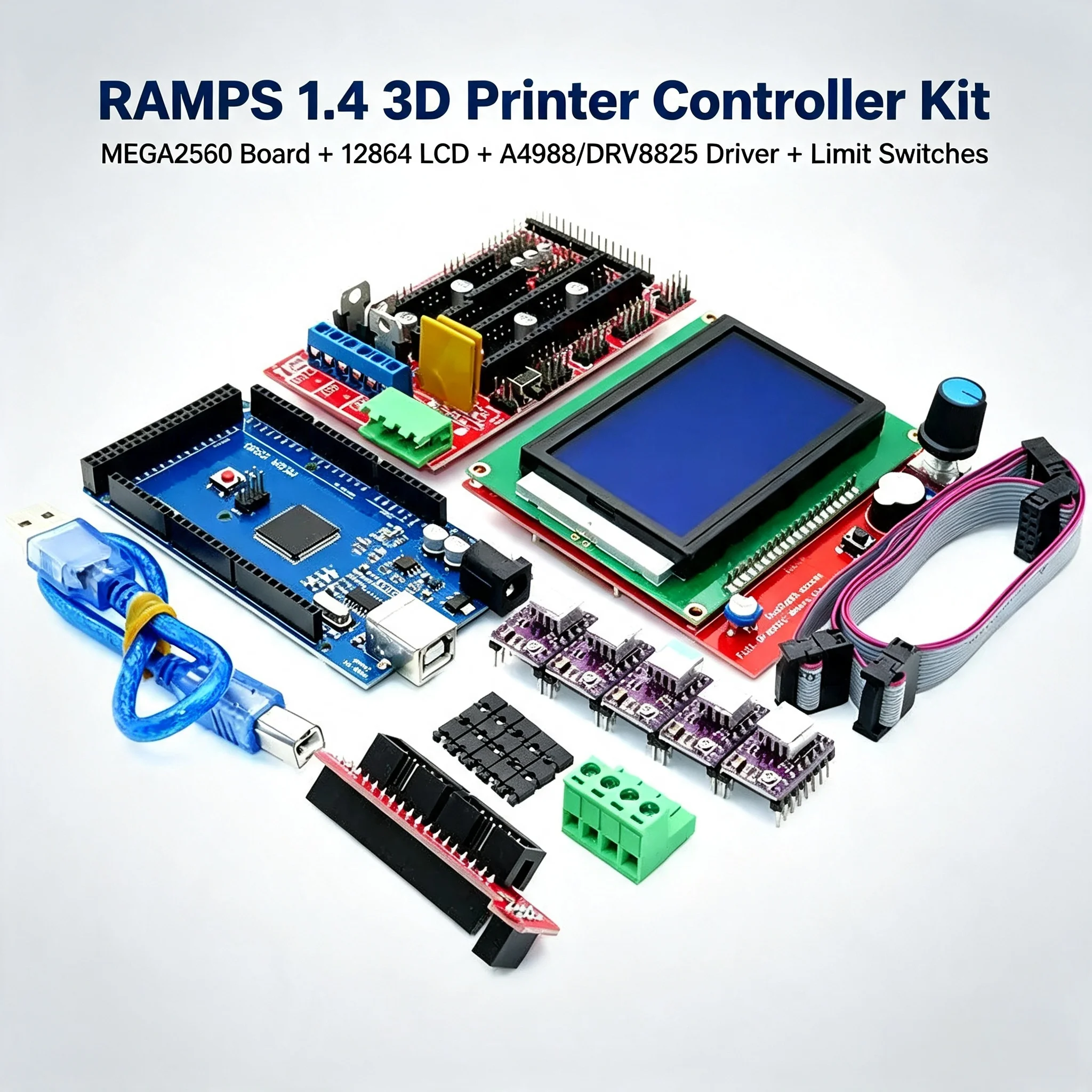 RAMPS1.4 3D Printer Motherboard Complete Kit, MEGA2560 + 12864 LCD Screen, A4988 DRV8825 Driver & Limit Switches, DIY Reprap 3D