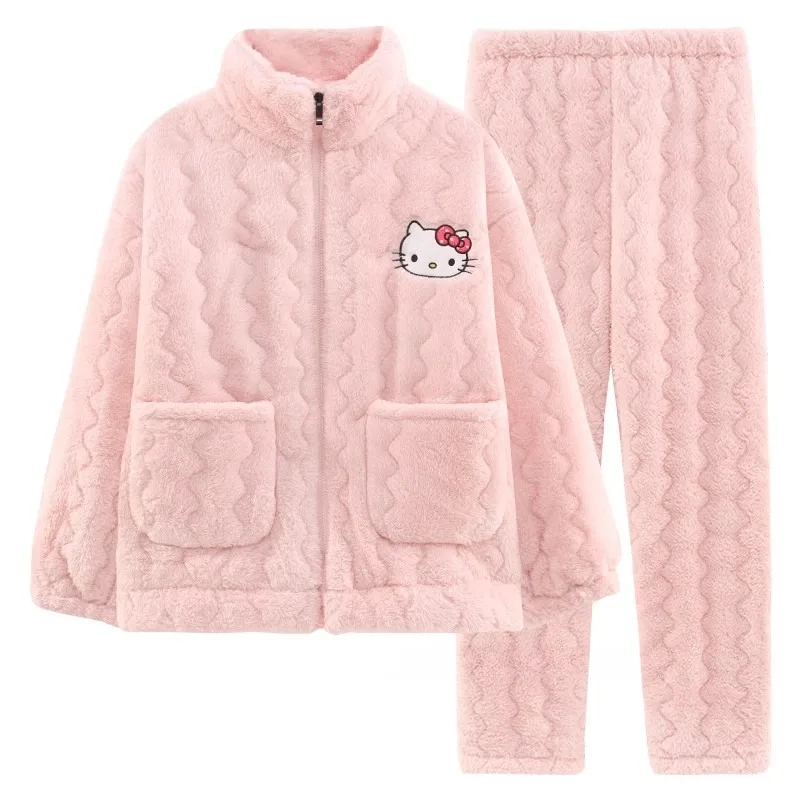 

Sanrio anime kawaii Hello Kitty three-layer quilted pajamas for girls warm plus velvet thickened cute coral velvet home wear set