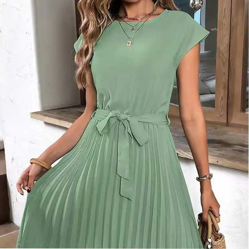 Commute Ele Color puro con cinturón ort Sve Midi Dr redondo Ne falda de cintura atada Sle algodón gasa verano Dr