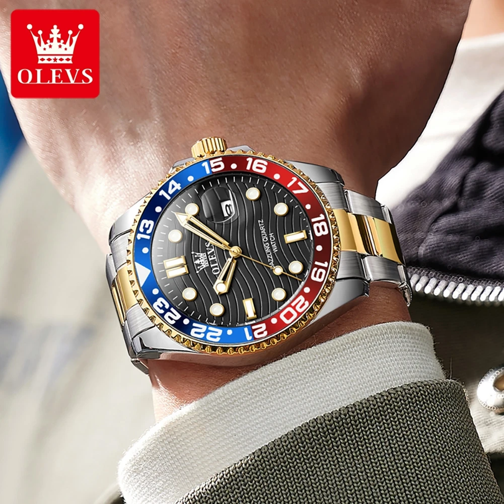 OLEVS 3610 New Quartz Watch for Men Green Water Ghost Style Luxury Brand Original Stainless Stee Mens Wristwatch Auto Date Clock