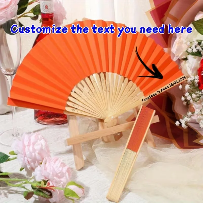 10Pcs/30Pcs/50Pcs/70Pcs Personalized Custom Orange Paper Folding Fans, Can Be Engraved with Name/Date, Very Suitable for Handheld Use These Exquisite Fans, Inspired by Japanese and Chinese Designs, Are Ideal for Weddings, Bridal Events, Church Gatherings, Decorations, and as Orange Rubber Fans for Gifts or Party Favors.