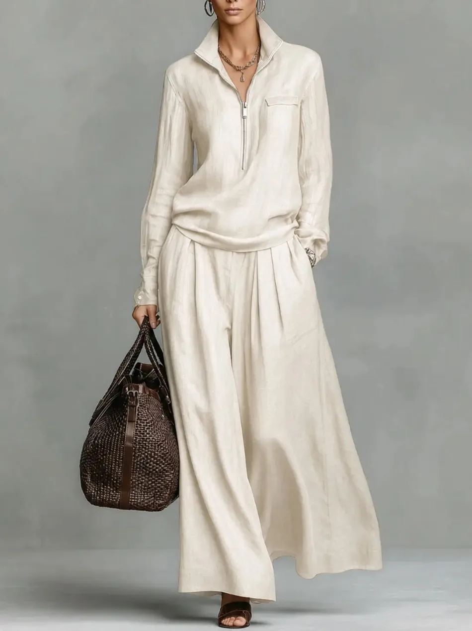 Elegantes, solides, lockeres zweiteiliges Set, modischer Pullover mit Revers und Reißverschluss & weit geschnittene Hose, Damen-Freizeitoutfit mit langen Ärmeln. – Detail 5
