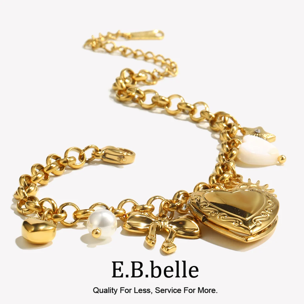 E.B.belle PVD Plated Stainless Steel Heart Photo Box Pendant Bracelet Fashion Women Waterproof High End Jewelry Accessories