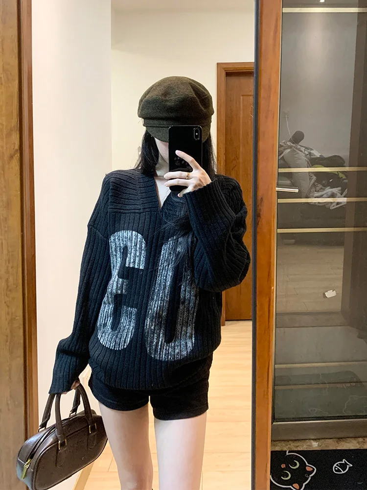 فضفاض محبوك سترة V-Ne المرأة الخريف الشتاء ملابس خارجية مريحة عادية Sle طويلة Sve تي شيرت Bla Lazy Faion #4