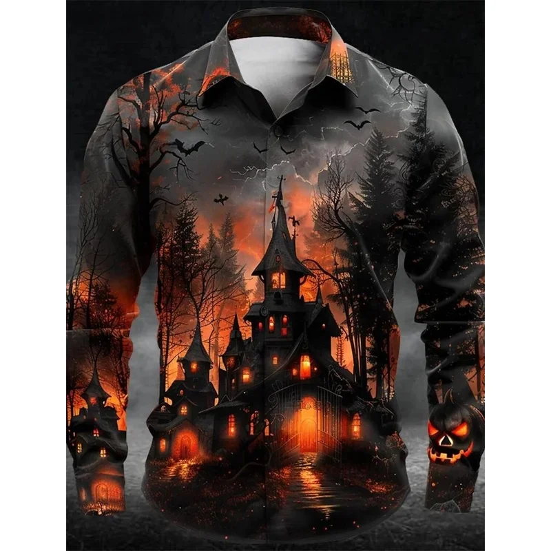 Men's Pumpkin Graphic Button Down Shirt 3d Printing Halloween Theme Long Sleeves Tee Shorts Mens Casual Oversized Blouse Tops
