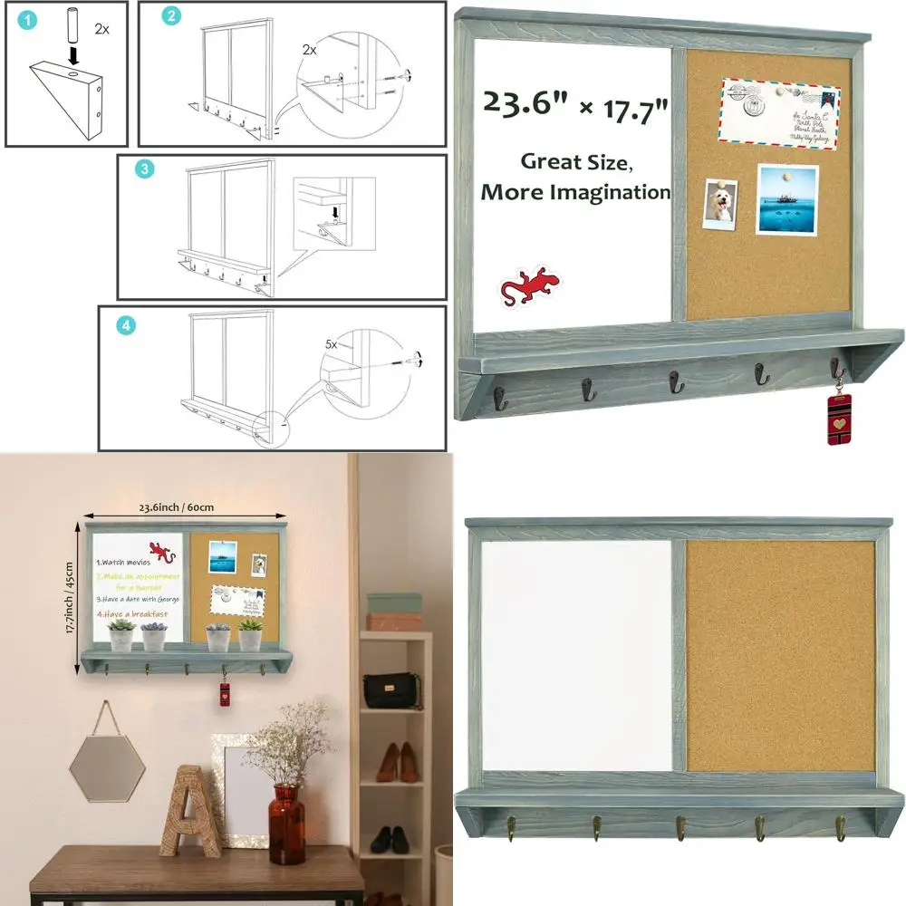 

Vintage Gray Solid Pine Wood Wall-Mounted Mail Sorter with Dry Erase and Cork Boards, 17.7x23.6 inches