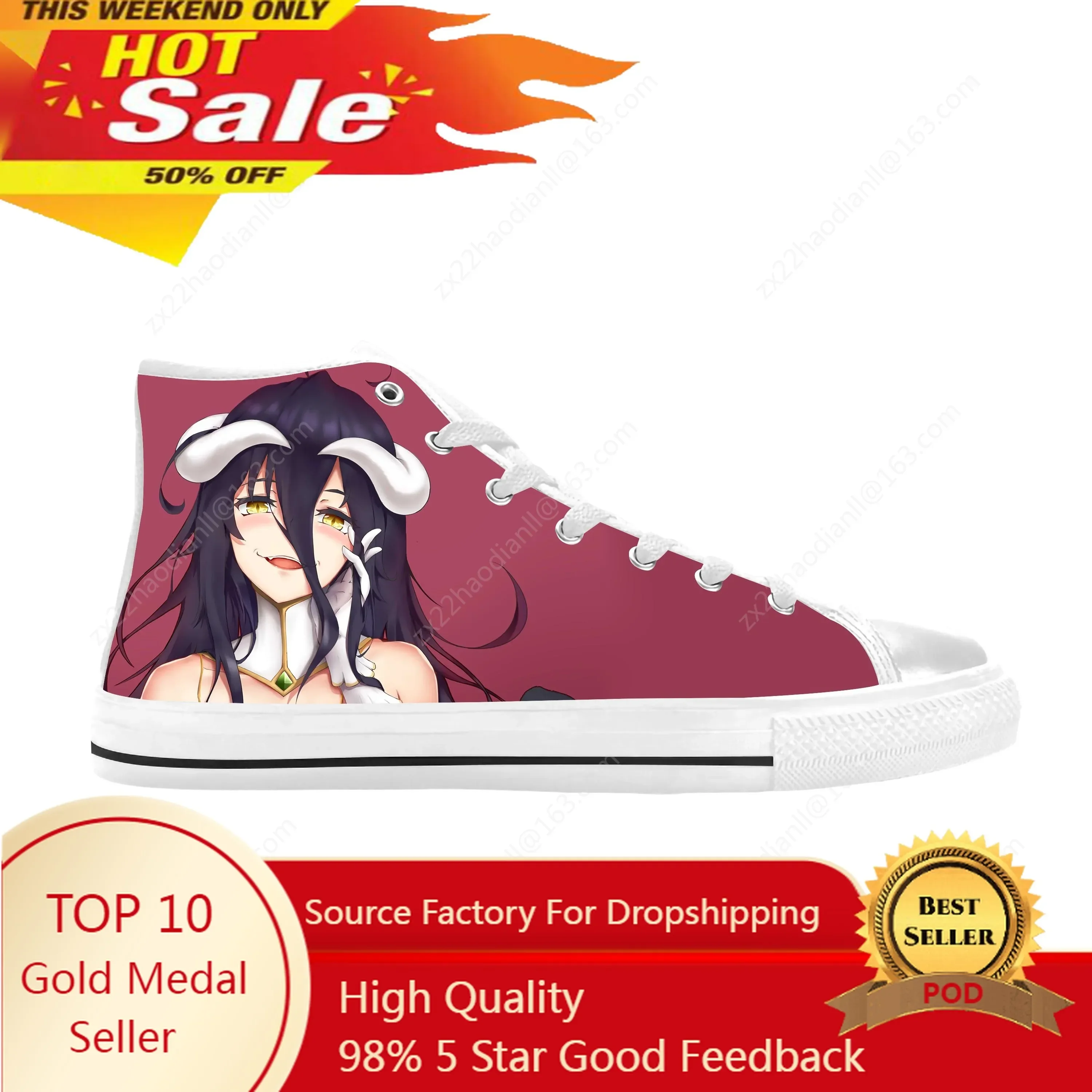Japanese Anime Manga Cartoon Albedo Overlord Cute Casual Cloth Shoes High Top Comfortable Breathable 3D Print Men Women Sneakers