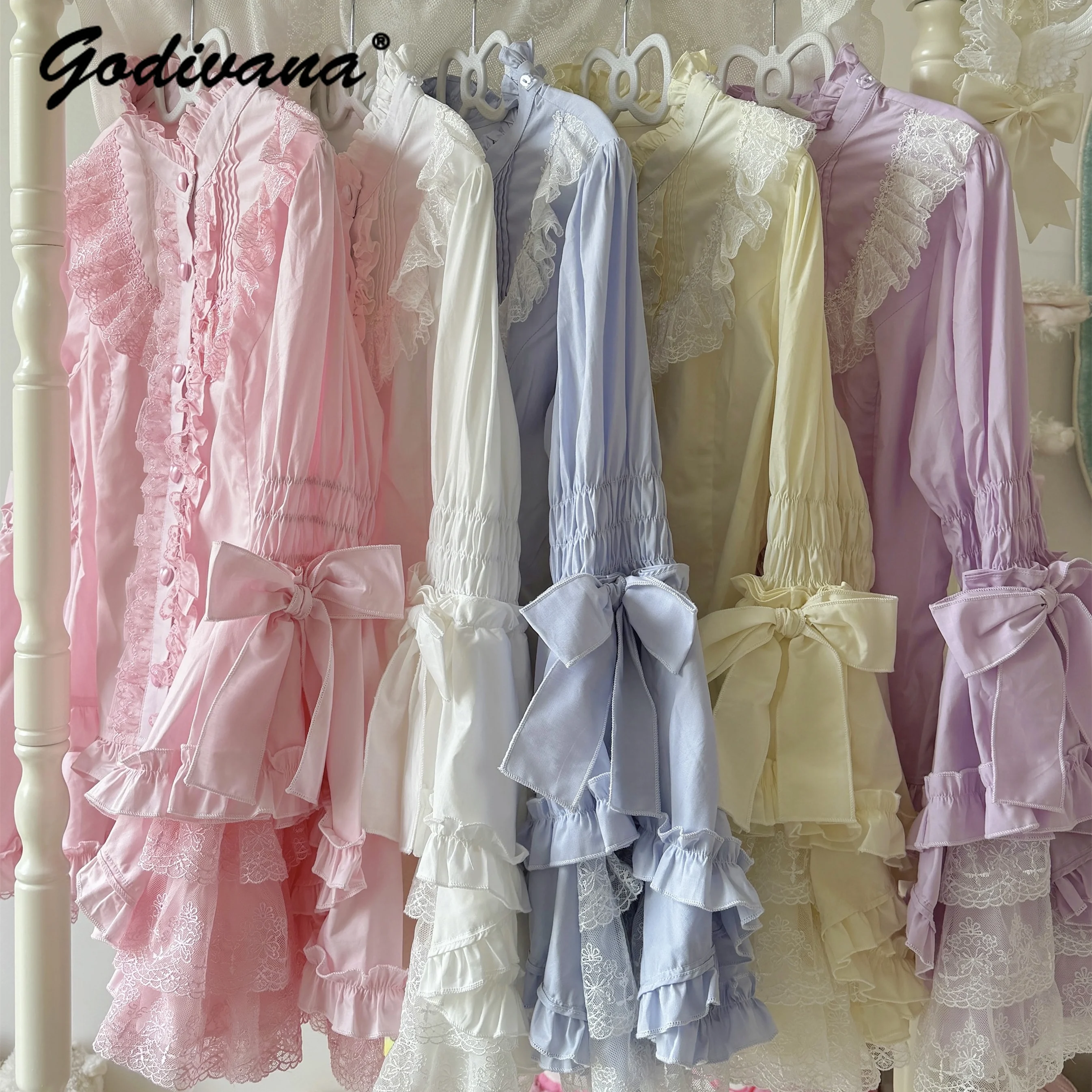 Original Lolita Girls Long-sleeved Stand Collar Lace Flare Shirt New Spring and Autumn Women\'s Sweet Fairy Princess Blouse Tops