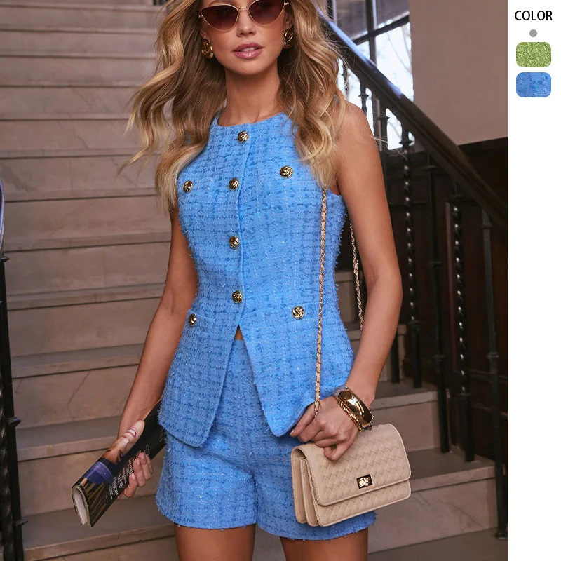 Summer Elegant Tweed Waistcoat Shorts Sets Women Buttons O-Neck Sleeveless Vest High Waist Textured Shorts Lady 2 Piece Set