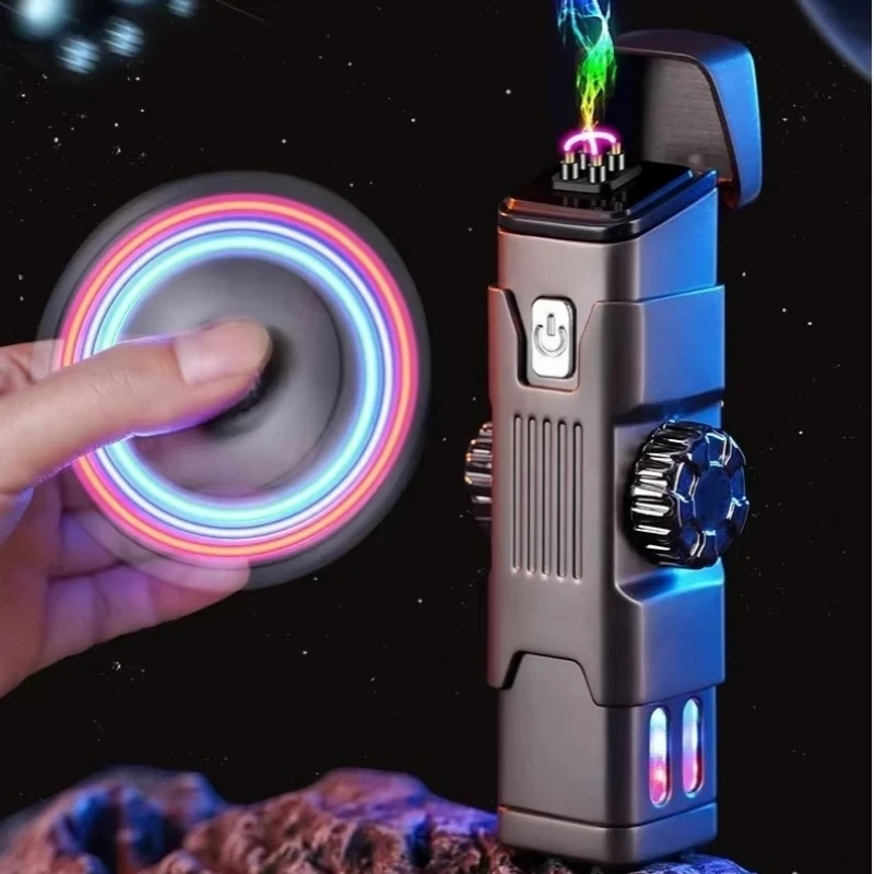 

USB Charging Lighter Double Arc Silent Windproof Color Light Mechanical Rotating Gyroscope Decompression Toy Lighter