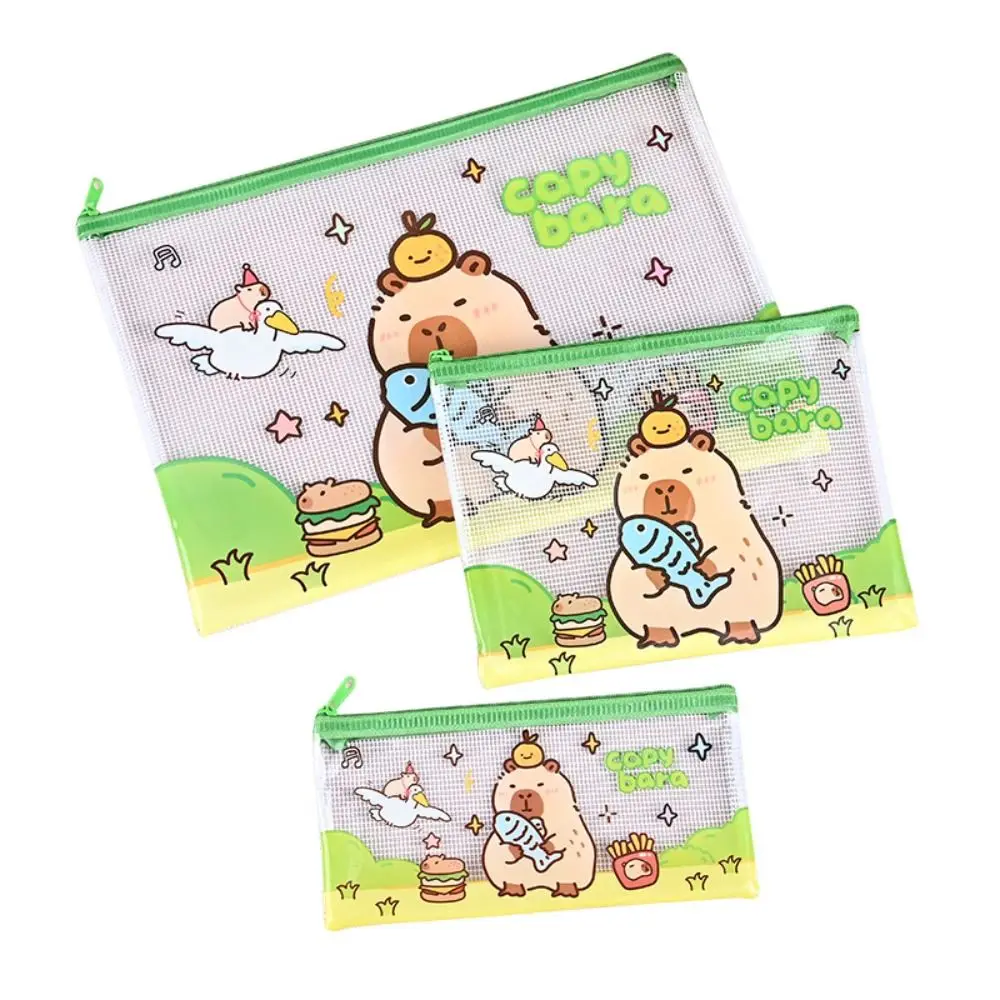 3PCS High Quality PVC Mesh File Bag Capybara A4/A5/A6 Zipper Pen Bag Waterproof Large Capacity Grid Storage Bag