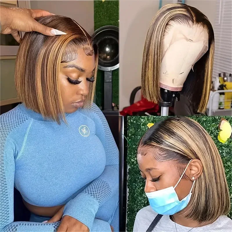 Bob-Perücke, Echthaar, Highlight Ombre, 13 x 4, Lace-Front-Perücken, 4/27, honigblonde Perücken, Echthaar, vorgezupft, mit Babyhaar, 200 Dichte