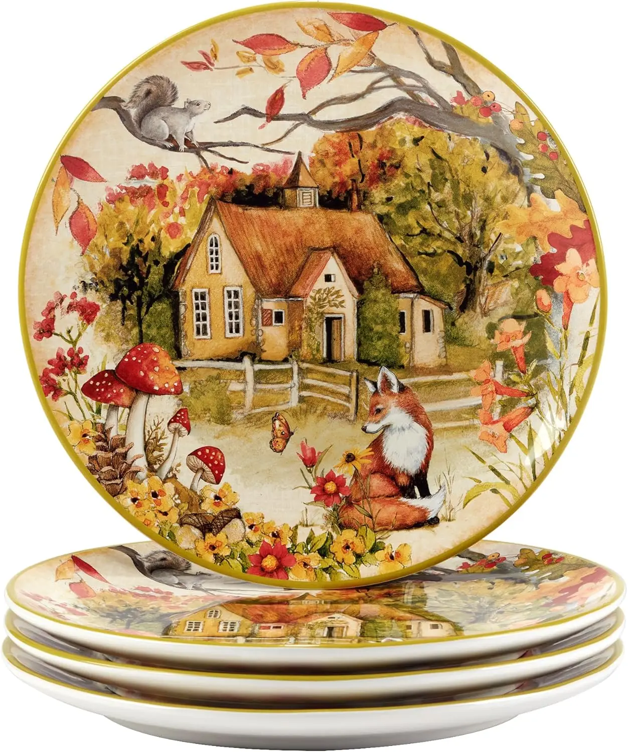 

Woodland Critters 11" Ceramic Dinner Plates, Set of 4 – Whimsical Forest Animal and Cottage Scene – Nature-Inspired Tableware fo