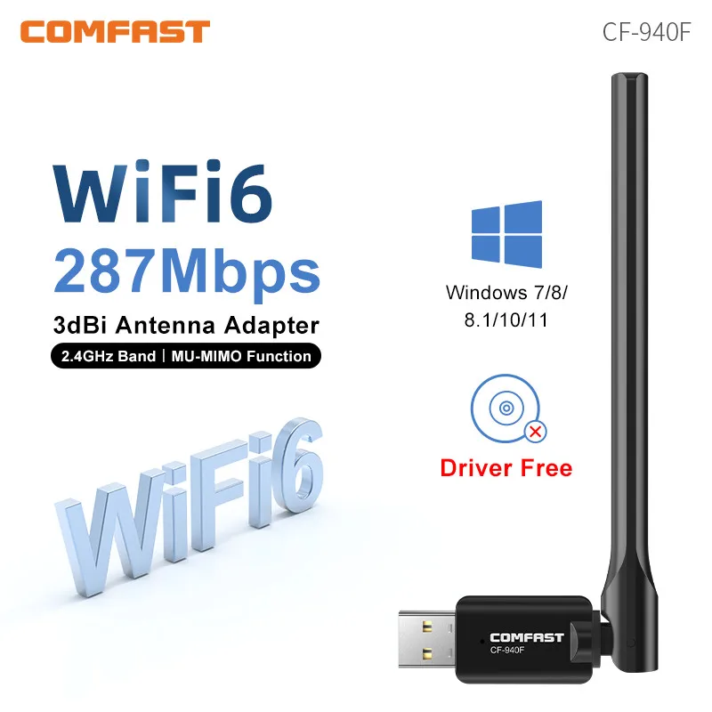 

COMFAST AX300 WiFi6 Wifi USB Adapter Driver Free Wi Fi Dongle 286Mbps Mini Wireless Receiver High Gain Antenna for Win7/10/11