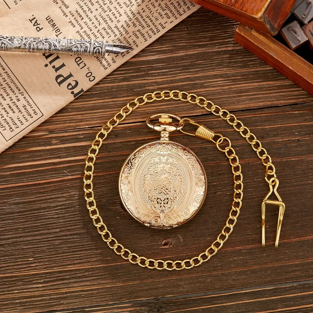 Vintage Luxury Gold Carving Quartz Pocket Watch for Men Engraved Golden Case Fob Chain Clock for Collection Necklace Watches2023