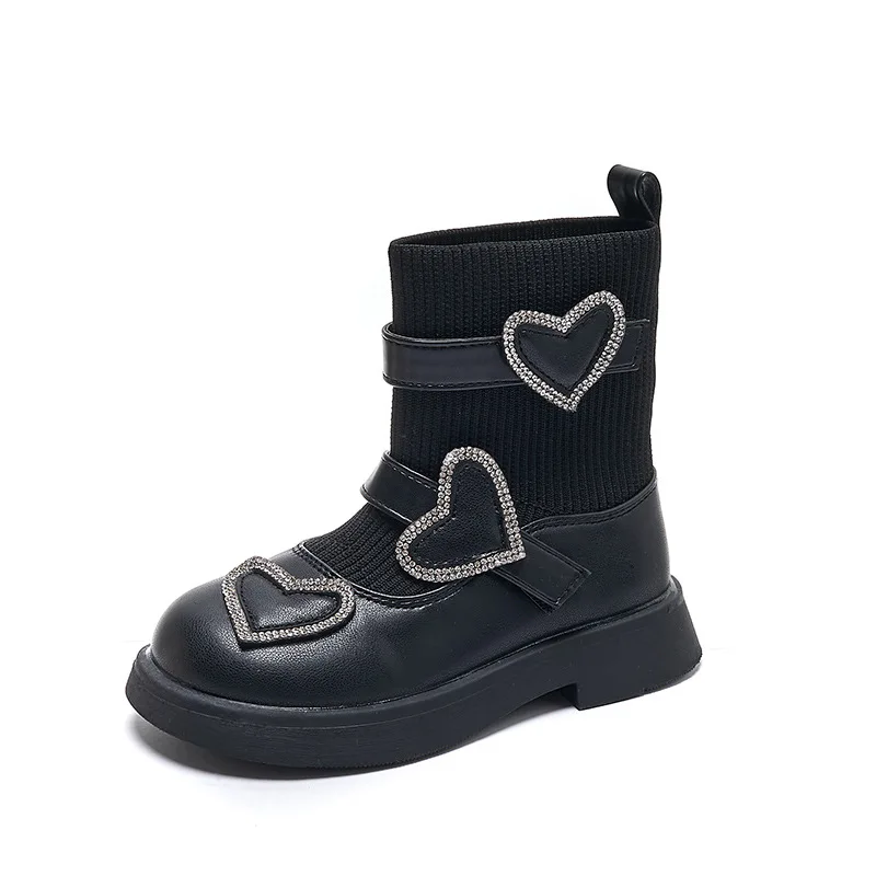 Girls\' Short Boots Autumn Winter New Children\'s Socks Boots Black Leather Boots Fashion Non Slip Soft Sole Shoes H957