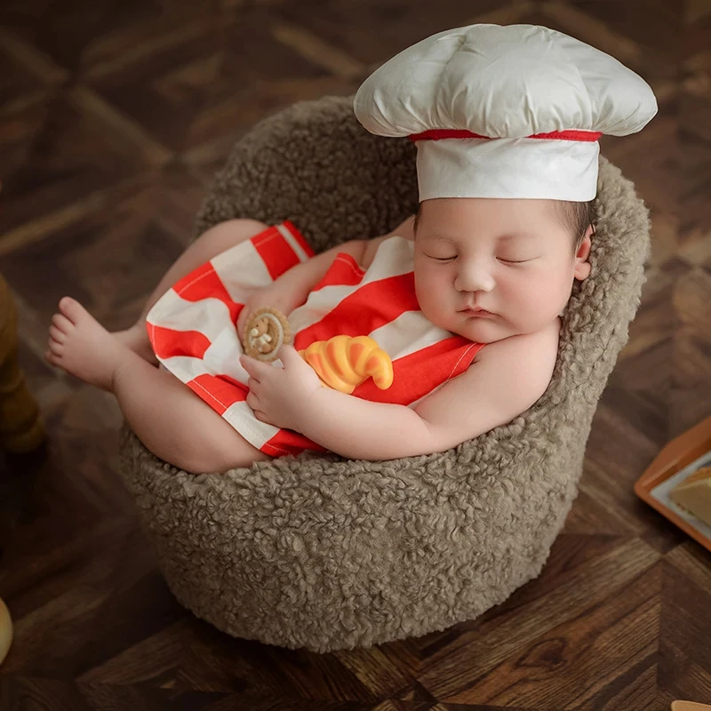 Newborn Photography Chef Costume,Pizza Theme Costume Set,Striped Apron Chef Hat,for Infant Studio Photo Shoot Props Accessories