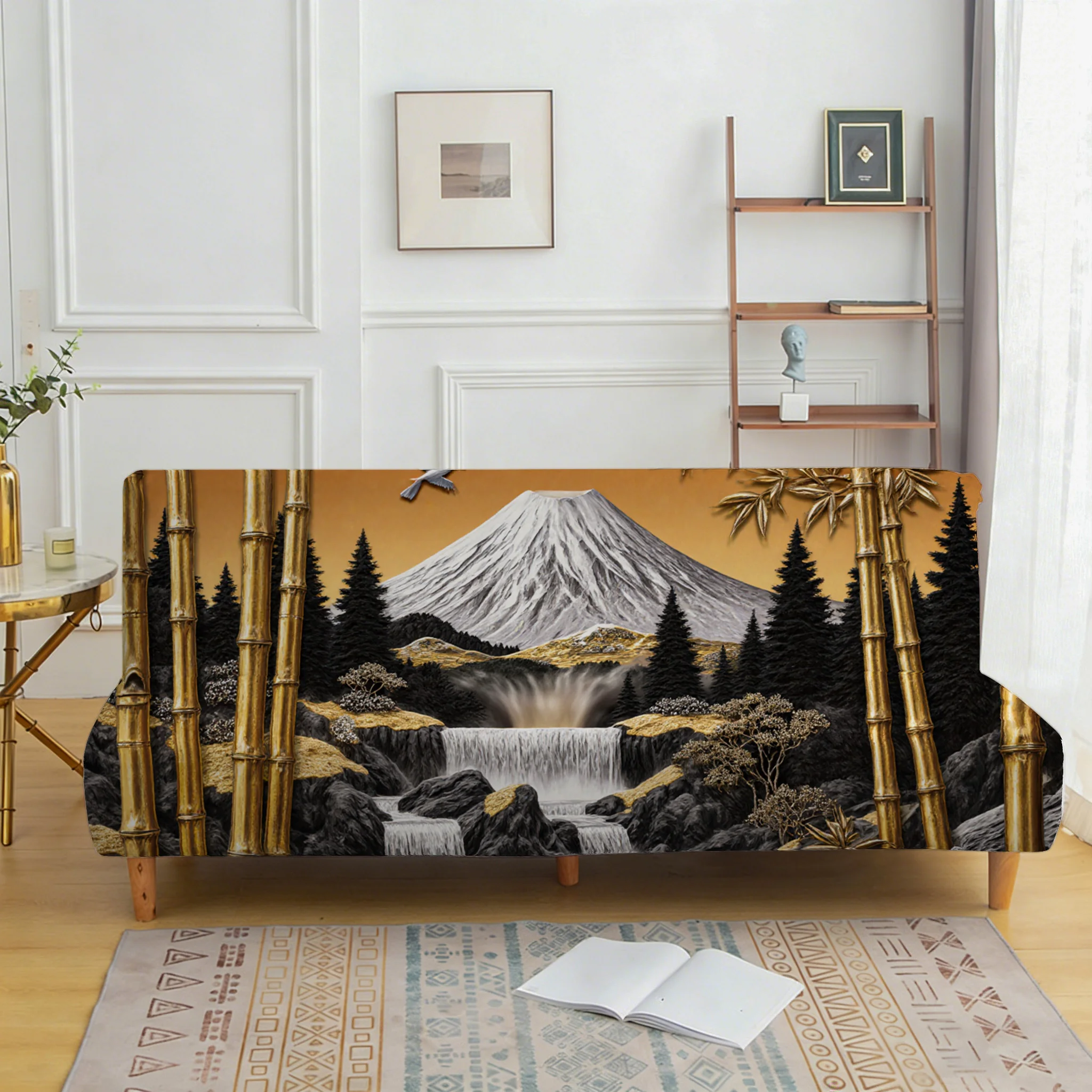 Mount Fuji artistic conception landscape bamboo sofa bed cover, living room sofa bed cover, dustproof washable sofa bed cover