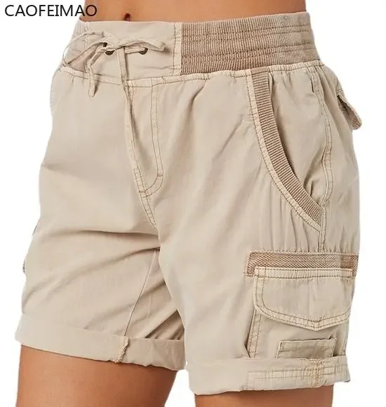 Women Shorts Cargo Pants Shorts Elastic Waist Short Pants Cotton Linen Pocket Summer Beach Solid Color Sliming Comfot Breathable