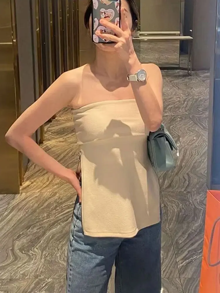 เสื้อครอปท็อปทรงบัสติเยร์แบบรัดรูป HH Sexy สำหรับผู้หญิง แฟชั่นฤดูร้อนปี 2024 แบบไม่มีสายรัดหลัง เปิดไหล่ รูดซิปด้านข้าง สไตล์วินเทจ