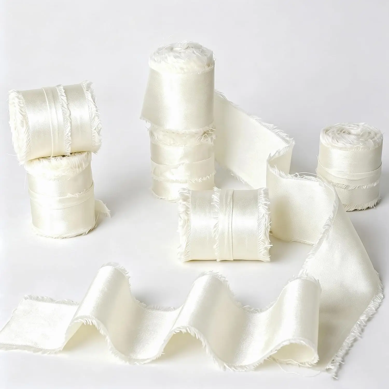 Ivory Silk Satin Ribbon 1.5 Inch,15 Yards | Handmade Frayed Chiffon Ivory Ribbon for Gift Wrapping, Wedding Invitations, Bridal