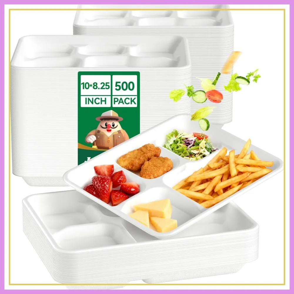 

Compostable 5-Compartment Paper Plates 10x8.25x1 in, 500 Pack Heavy Duty Disposable Biodegradable Food Trays for Lunch Dinner