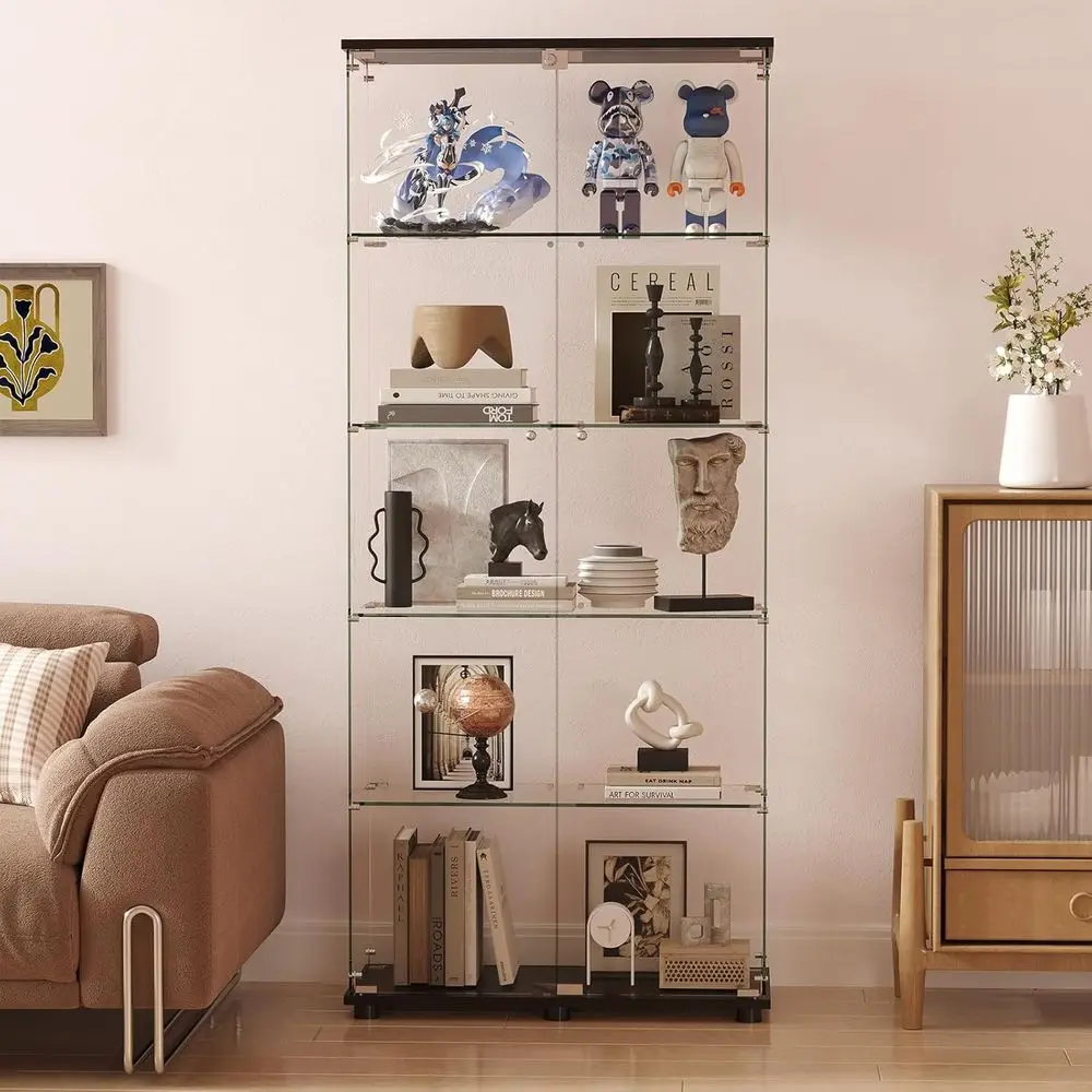 

Double Door Lockable Glass Display Cabinet, 5mm Tempered Glass, 72x32x14, Ideal for Books or Living Spaces, Black