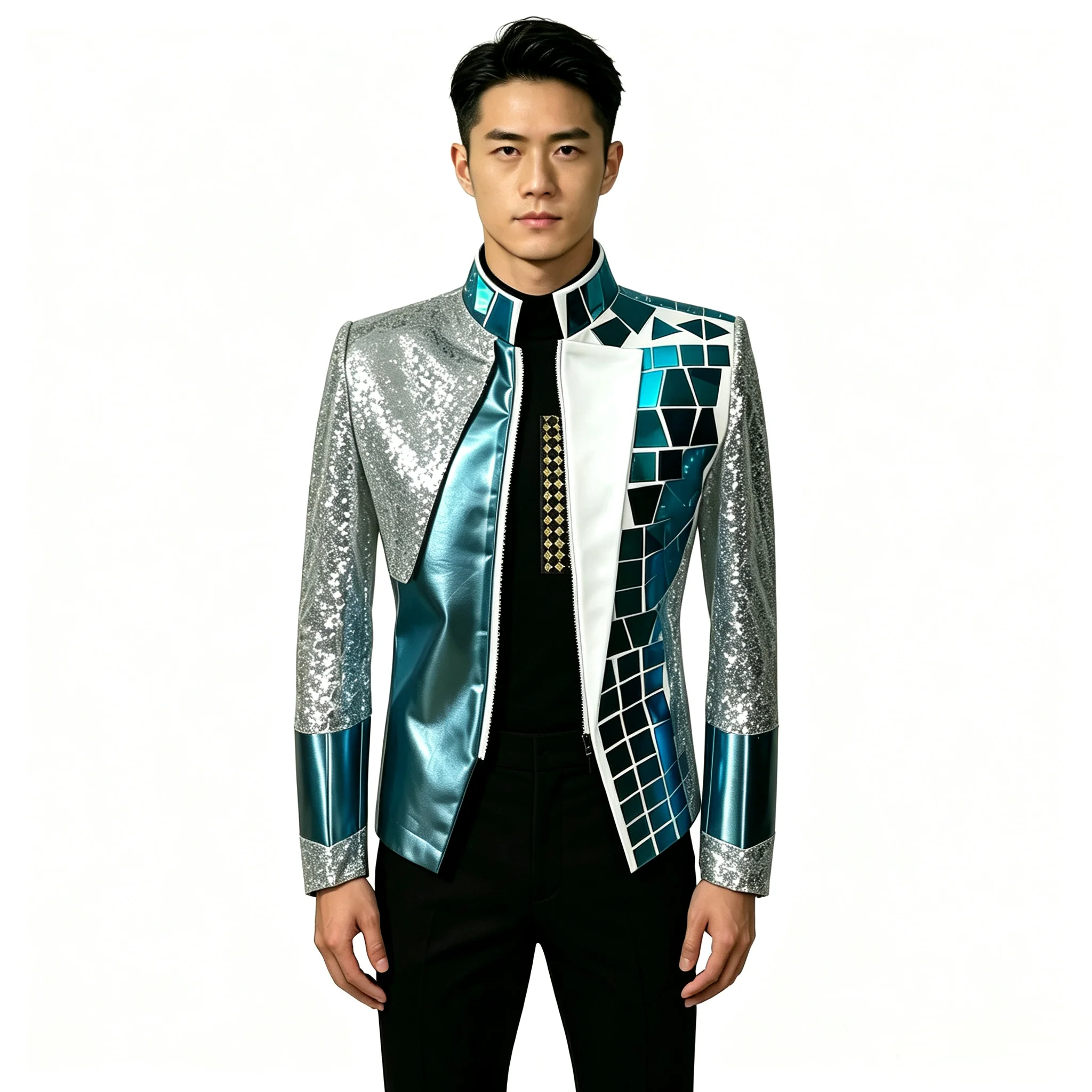 Men's Shiny Sequin Mirror Patchwork Jacket Male Stage Performance Blazer Nightclub Singer Dance Show Costume Outerwear