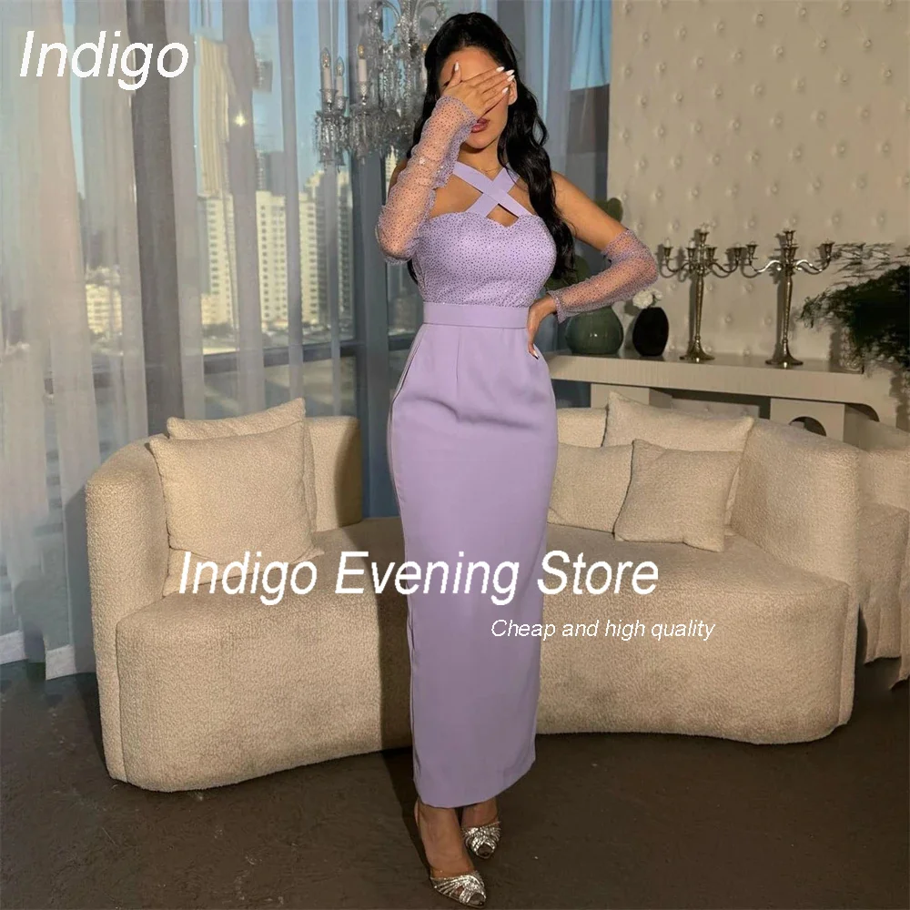 

Indigo Elegant Evening Dress Mermaid Halter Sleeveless Ankle-Length Crepe 2024 Custom Made Party Prom Gown Formal فساتين السهرة