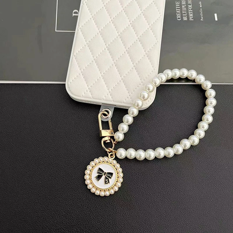 Short Pearl Lanyard Fashion Rhinestone Pendant Pendant Mobile Phone Lanyard Hand-woven Wrist Strap Back Case Anti-lost Lanyard