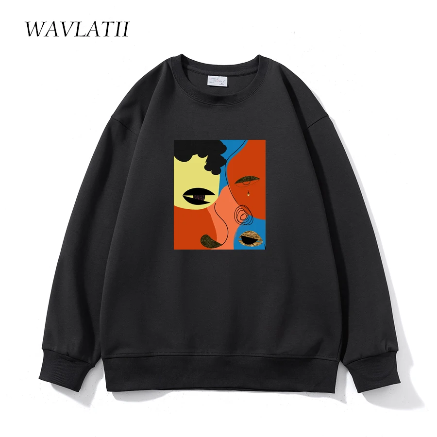 

WAVLATII Women New Abstract Printed Sweatshirts Female Soft Casual Black Streetwear Hoodie Lady O-neck Spring Autumn Tops WH2221