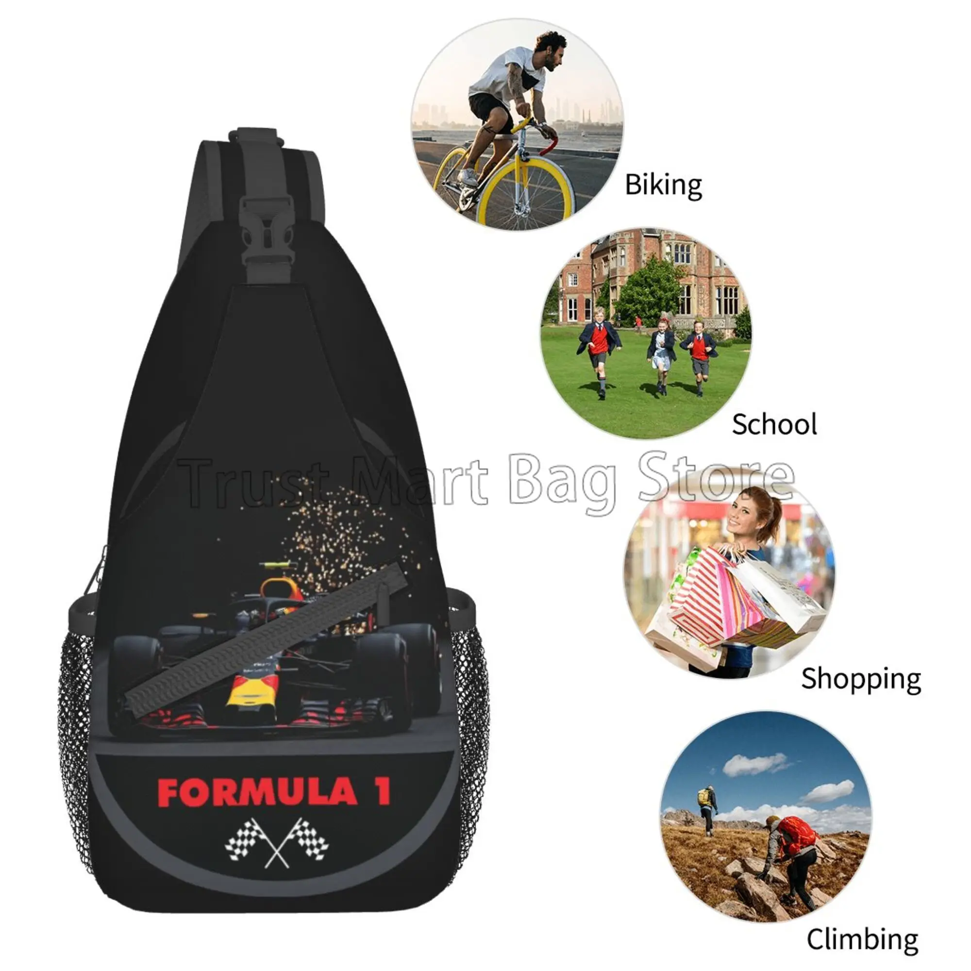 F1 Car Racing Chest Bag Unisex Casual Waterproof Sling Bag Crossbody Shoulder Backpack for Travel Hiking Cycling Outdoor Sports