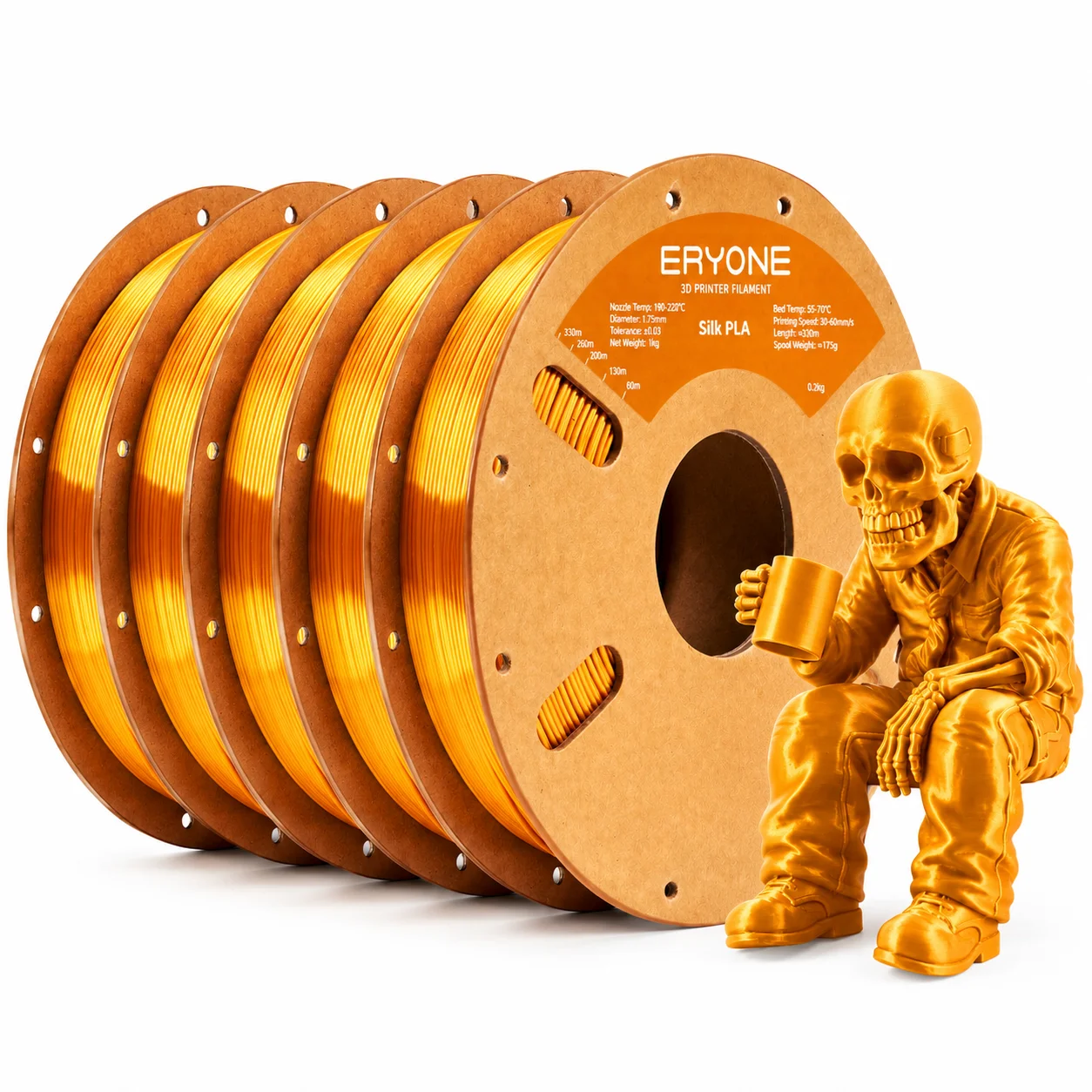 ERYONE 5KG Seiden-PLA-Filament 1,75mm, Einfarbiges Glänzendes 3D-Drucker-Filament, Hochglänzende Metallische Oberfläche, 5kg Großpackung 5 Spulen, Bestseller, Versand aus Deutschland