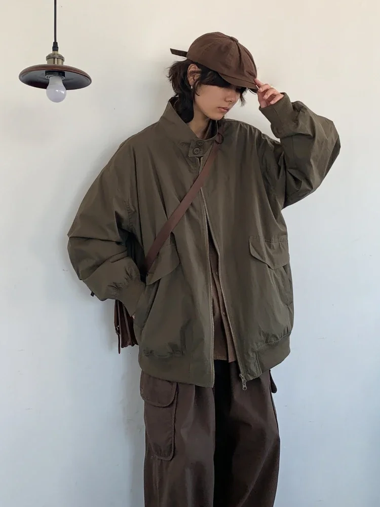 Retro Harajuku Set Men High Street Spring Autumn Bomber Jacket Loose Casual Long-sleeved Shirt Wide-leg Cargo Pants Three-piece