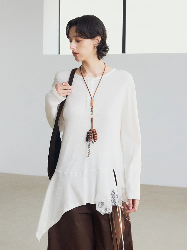 

Хлопковая женская футболка-полукруг с кружевными вставками, свободного кроя, осенняя коллекция, модная