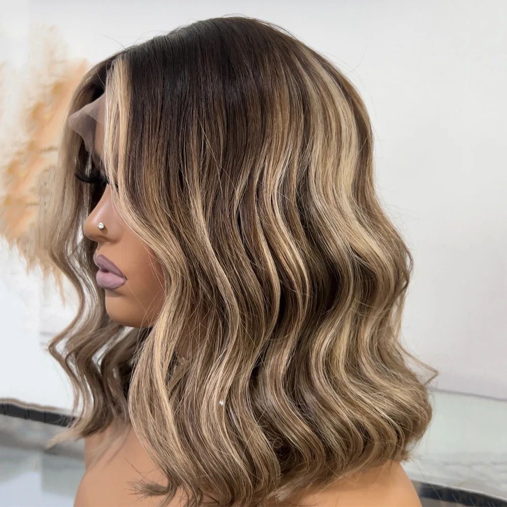 Short Wavy Bob Lace Front Wig Chocolate Brown Blonde Highlights Wig FUTURA Fiber Synthetic Lace Wigs Short Women Wigs Glueless