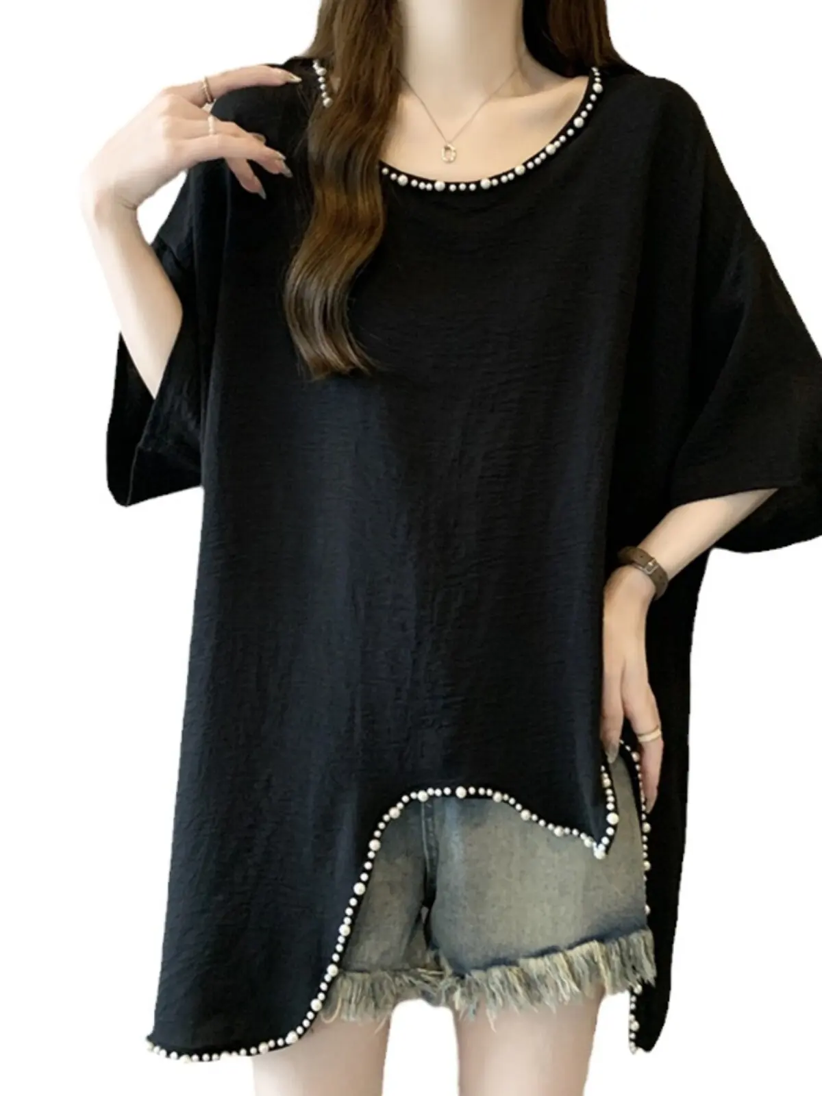 Heavy Bead Short Sleeve T-Shirt Women's Summer Loose Slimming Butt Covering Top Large Size Asymmetric Commute Style Polyester...