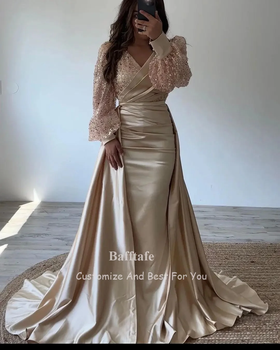 Bafftafe Champagne Mermaid Prom Dresses Sequin Long Sleeve Customized Women Formal Party Gowns Overskirt  Fishtail Evening Dress