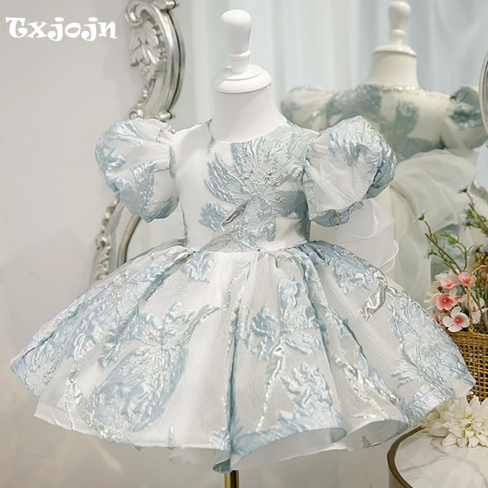 Romantic Lace Appliques Puff Sleeve Kids Princess Gown For Dance Performance Cute Classy Girls Dresses Wedding Guest Clothes