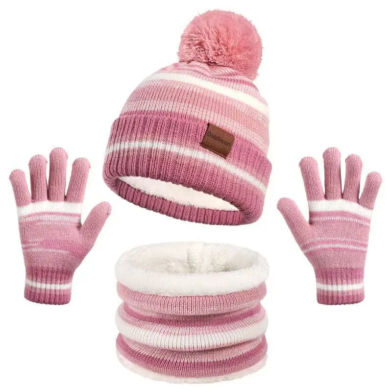 

Children's Striped Hat, Scarf and Gloves Three-piece Set, Wool Plush Warm Hairball Hat Cute Set