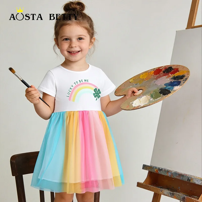 

26Summer new girls' dress with rainbow print, children's princess dress, round neck, mesh dress for toddlers and young girls