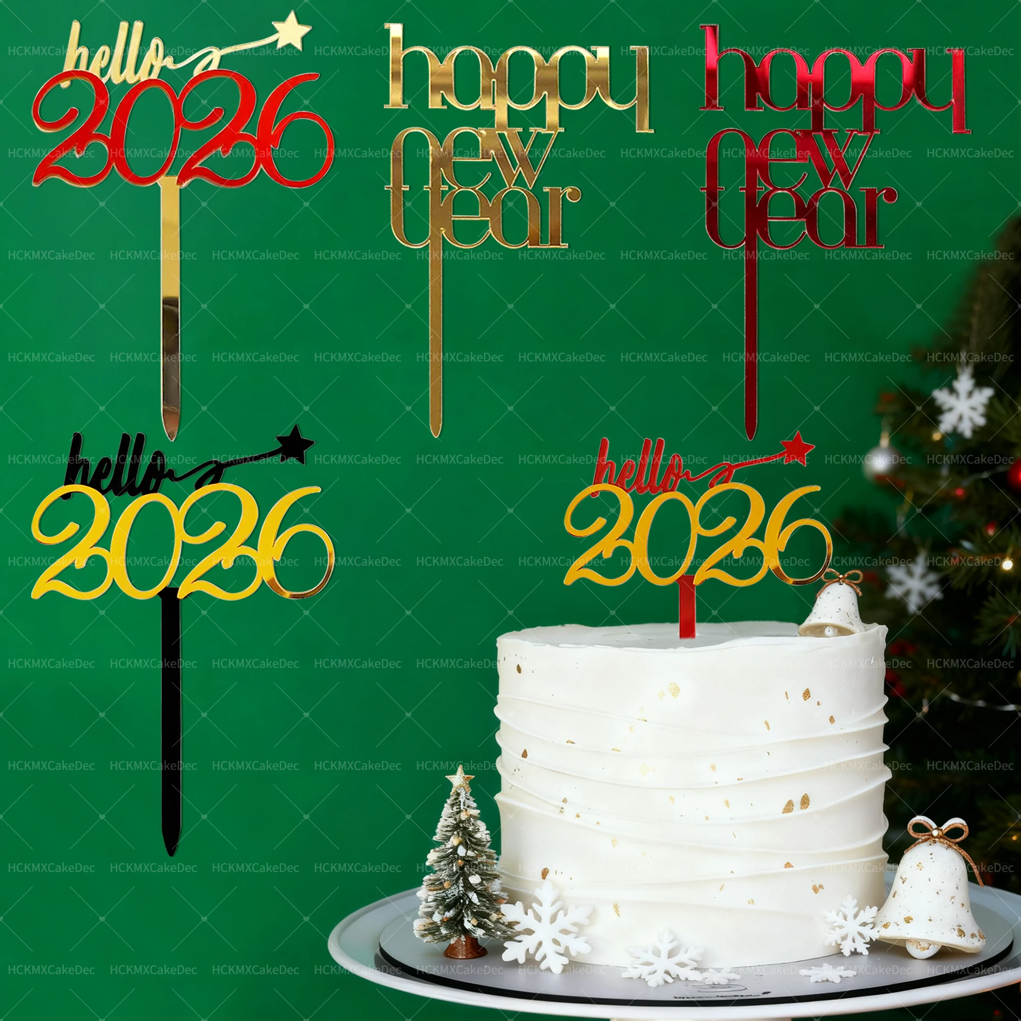 3 Stück Hallo 2026 Gold Schwarz Acryl Kuchen Topper für Frohes Neues Jahr Frohe Weihnachten Party Kuchen Dekoration Lieferungen