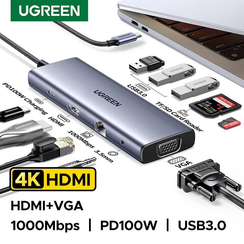 

UGREEN USB-концентратор с двумя мониторами Type-C на 4K HDMI VGA Gigabit RJ45 SD и TF USB3.0 Порты PD100W Док-станция для MacBook Dell HP Аксессуары