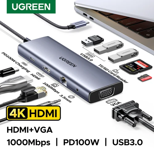 UGREEN USB HUB Monitor Dual tipo C a 4K HDMI VGA Gigabit RJ45 SD y TF puertos USB3.0 PD100W Dock para MacBook Dell HP Accesorios