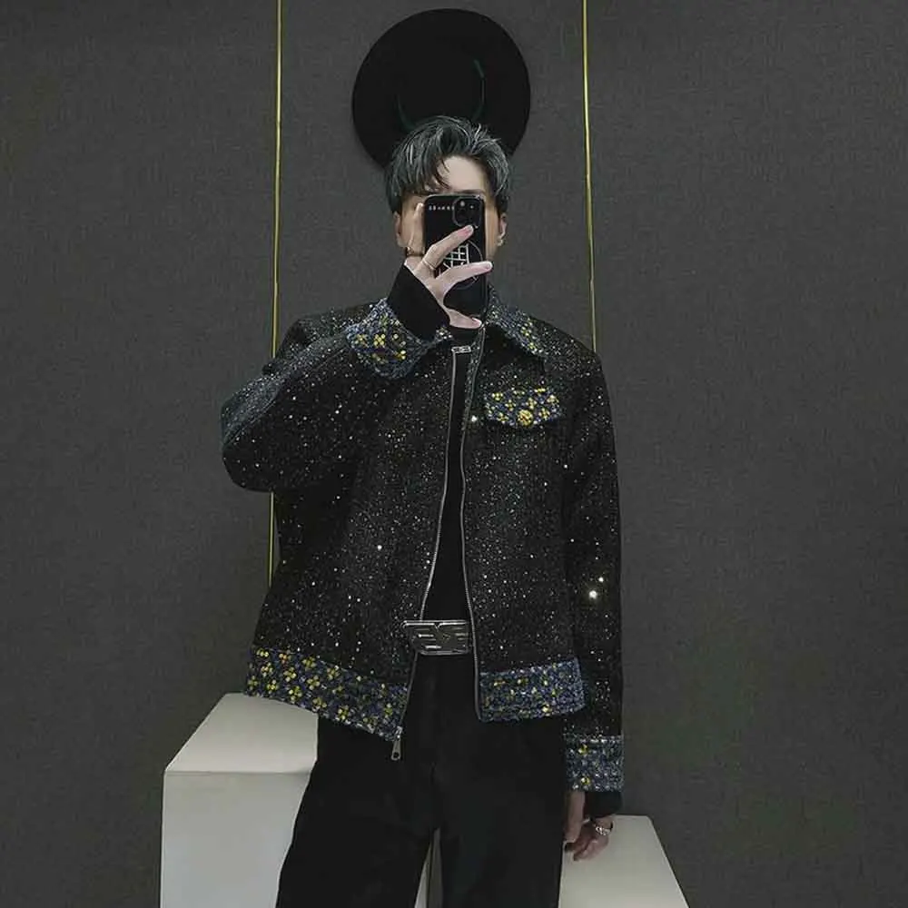 

Winter New Men's Patchwork Sequined Long-Sleeve Jacket American Retro Fashion Trendy High Street Loose Casual Niche Men's Top
