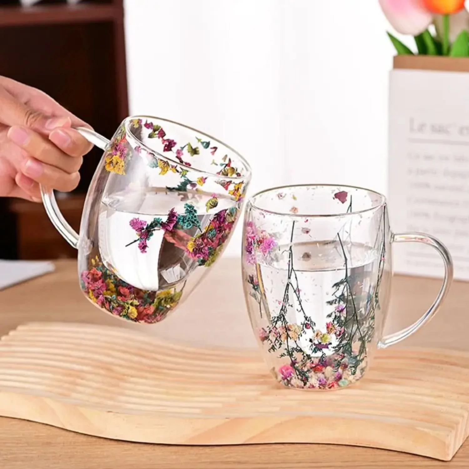 Heat Resistant High Borosilicate Glass Double Wall Glass Cup with Dry Flowers - Simple Tea Coffee Cups for INS Trends Floral Arr