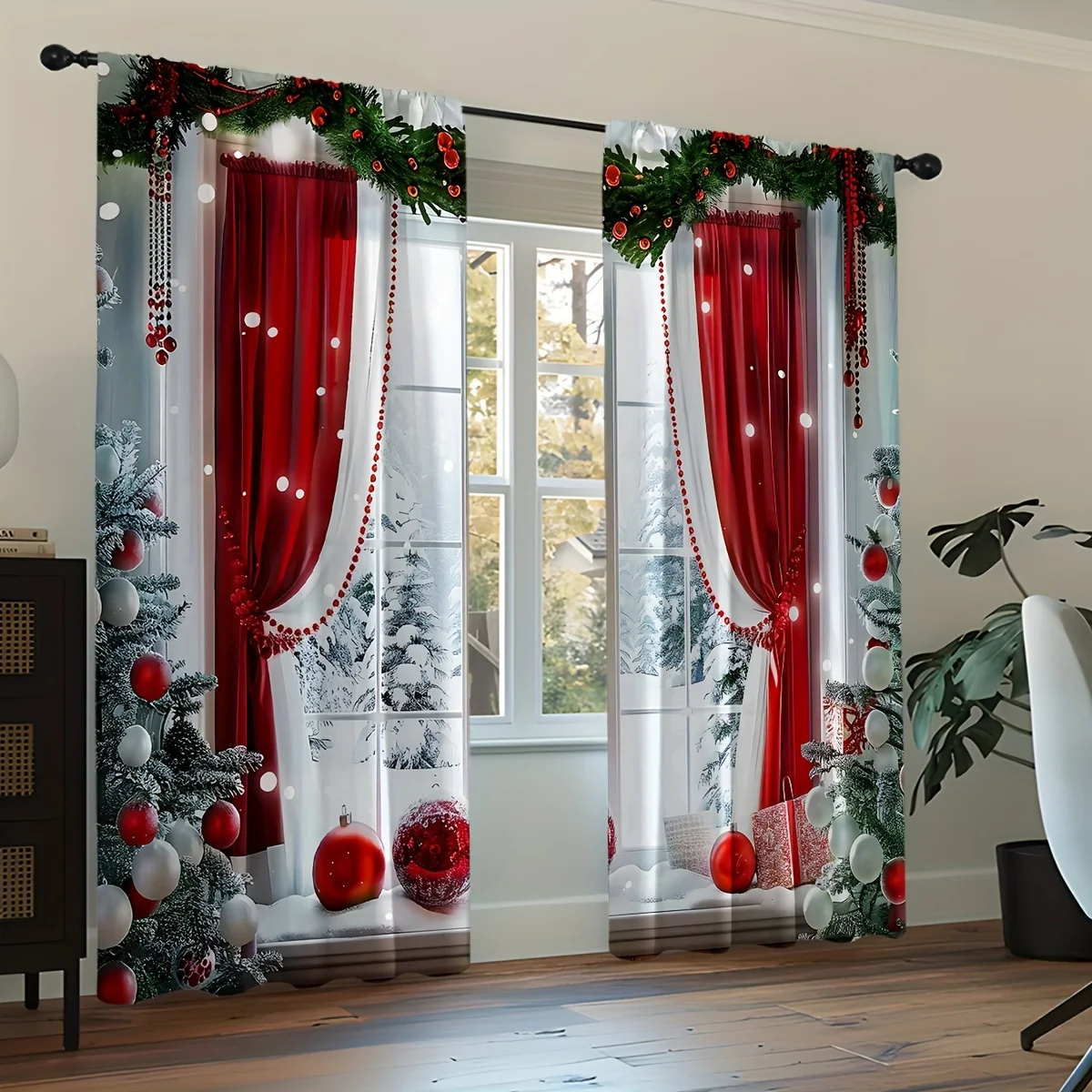 2-Pc Polyester Christmas Curtains with 3D Floral & Ball Digital Print - Rod Pocket Window Drapes for Living Room & Bedroom