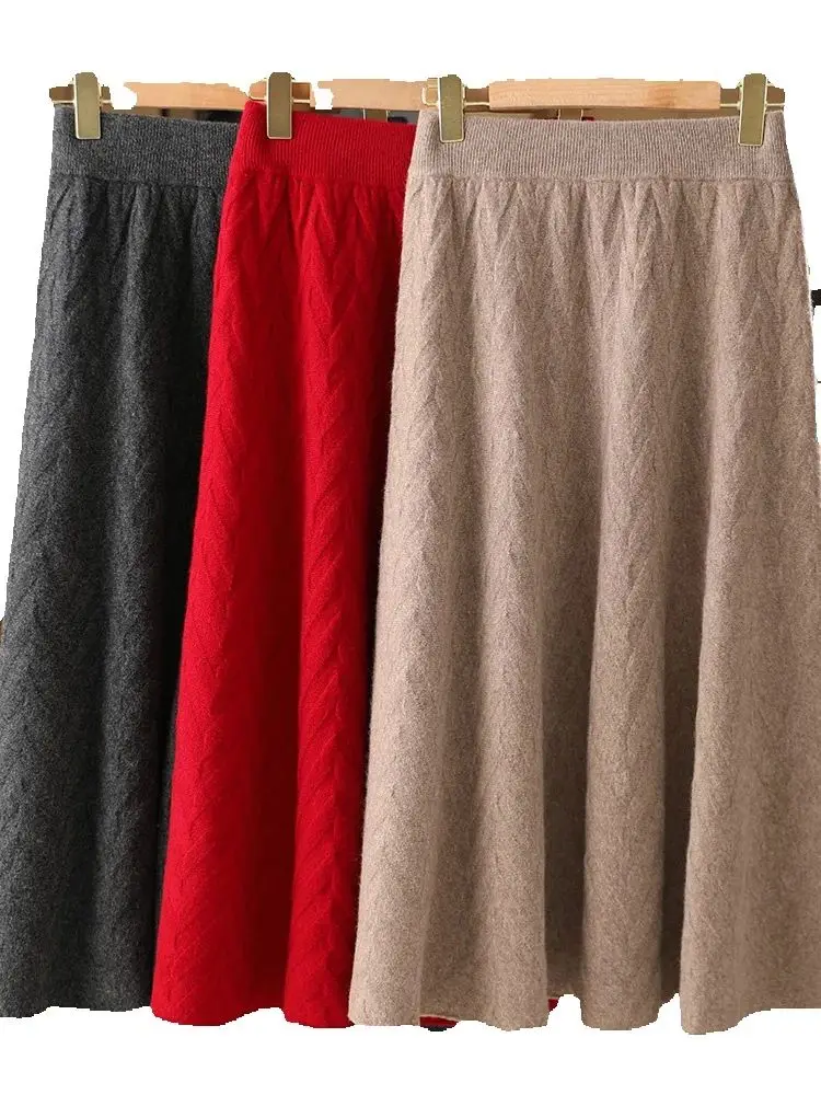 

Fashion Woman skirt 100%Merino Wool Knitted Jacquard Soft Warm Autumn Winter Long Dresses Thick Cable Stitch A-Line Skirts 2025